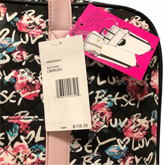 💋 Quilted Weekender Bag, Soft Pink Straps Luv Betsey - Black Floral Krush - Picture 9 of 11